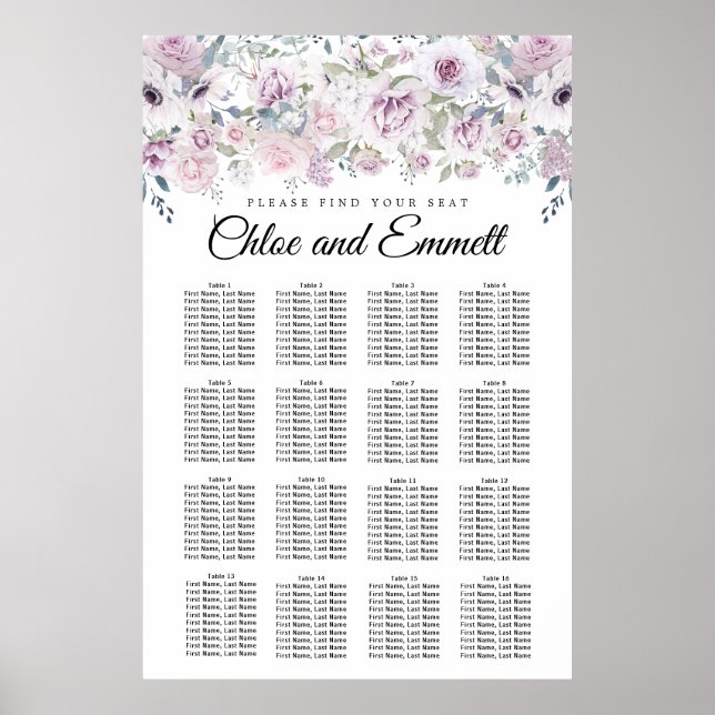 Purple White Floral 16-Table Wedding Seating Chart (Front)