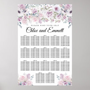 Purple White Floral 17-Table Wedding Seating Chart