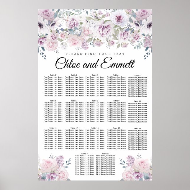 Purple White Floral 17-Table Wedding Seating Chart (Front)