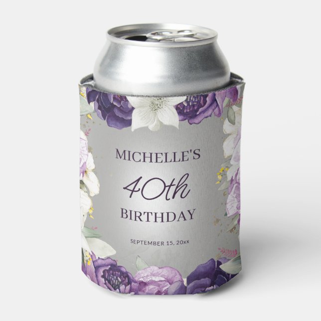 Purple White Floral 40th Birthday  Can Cooler (Can Front)