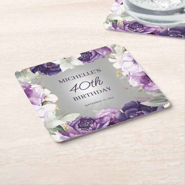 Purple White Floral 40th Birthday  Square Paper Coaster (Angled)