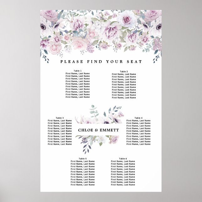 Purple White Floral 6-Table Seating Chart (Front)