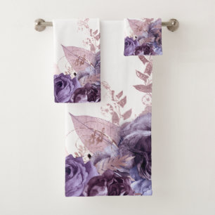 PURPLE WHITE FLORAL BOTANICAL BATHROOM TOWEL SET