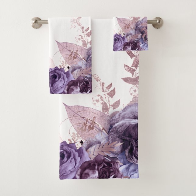 PURPLE WHITE FLORAL BOTANICAL  BATHROOM TOWEL SET (Insitu)