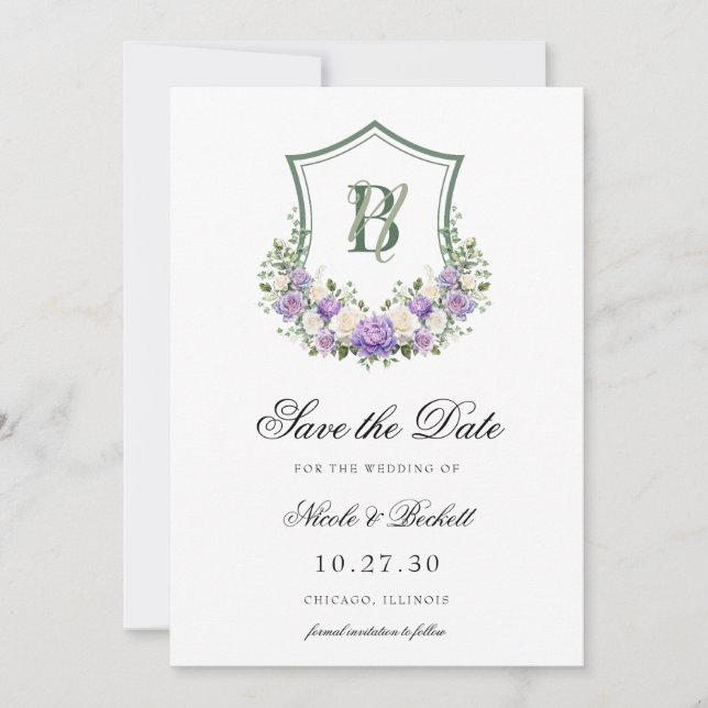 Purple White Floral Crest Crest Wedding  Save The Date (Front)