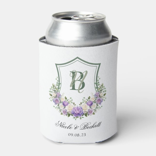 Purple White Floral Crest Wedding Cooler (Can Front)