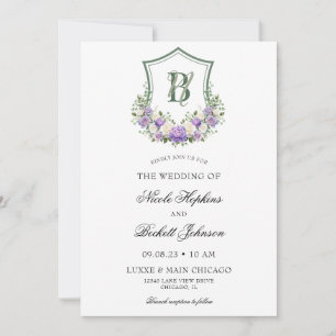 Purple White Floral Crest Wedding Invitation