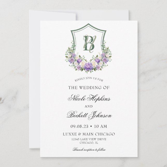 Purple White Floral Crest Wedding Invitation (Front)