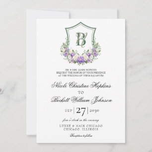 Purple White Floral Crest Wedding Invitation