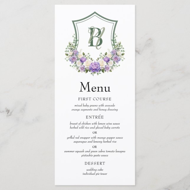 Purple White Floral Crest Wedding Menu (Front)