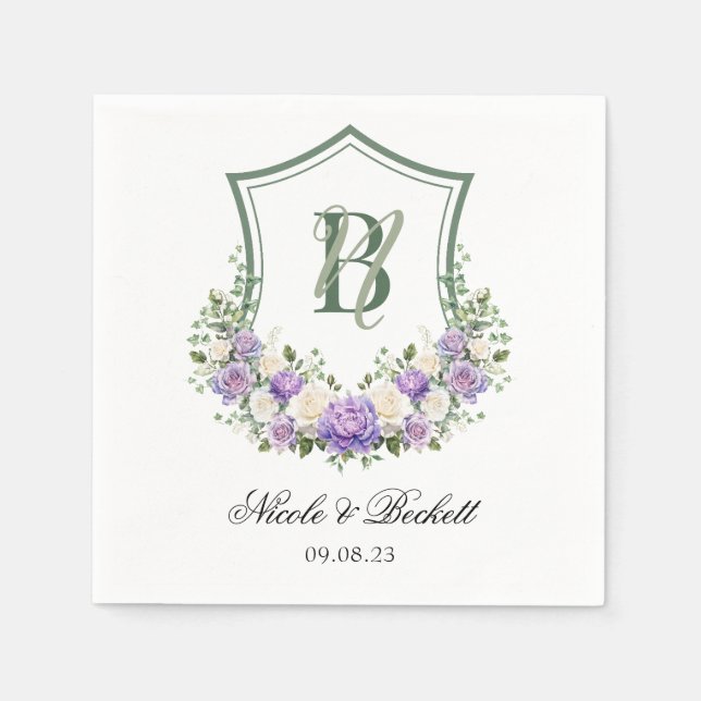 Purple White Floral Crest Wedding Napkin (Front)