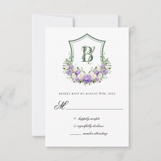 Purple White Floral Crest Wedding Response Card (Front)