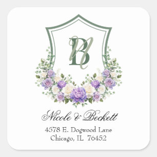 Purple White Floral Crest Wedding Return Address Square Sticker