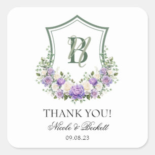 Purple White Floral Crest Wedding Thank You Square Sticker