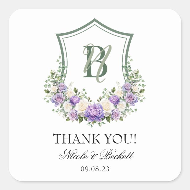 Purple White Floral Crest Wedding Thank You Square Sticker (Front)