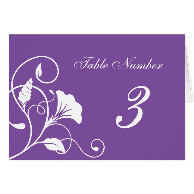 Purple & White Floral Curls Wedding Table Cards (Front Horizontal)