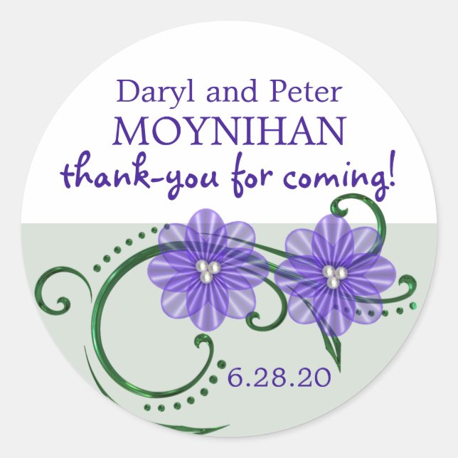Purple & White Floral Custom Wedding Favour Labels (Front)