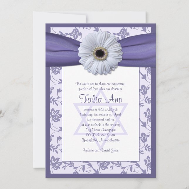 Purple White Floral Damask Bat Mitzvah Invitation (Front)