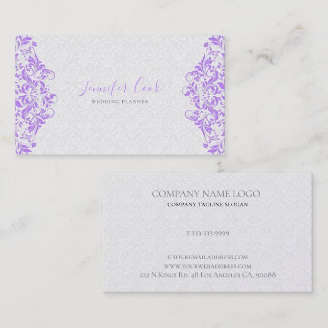 Purple & White Floral Damasks Wedding Planner Business Card (Front/Back)