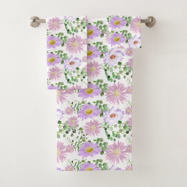 Purple White Floral Eucalyptus Greenery Elegant  Bath Towel Set (Insitu)