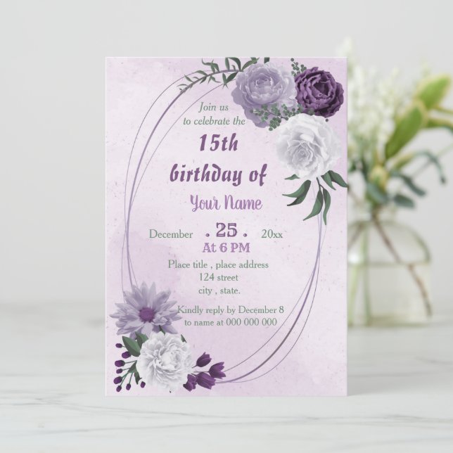 purple & white floral geometric birthday party invitation (Standing Front)