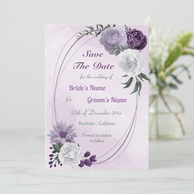 purple & white floral geometric save the date (Standing Front)