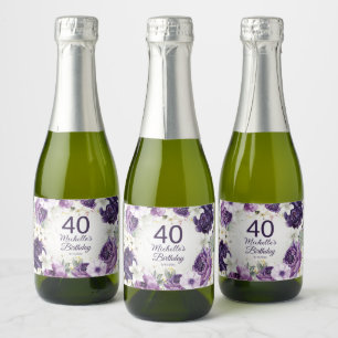 Purple White Floral Glitter 40th Birthday Name Sparkling Wine Label
