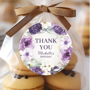 Purple White Floral Glitter Birthday Thank You Classic Round Sticker