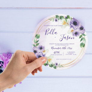 Purple White Floral Gold Frame Wedding Invitation