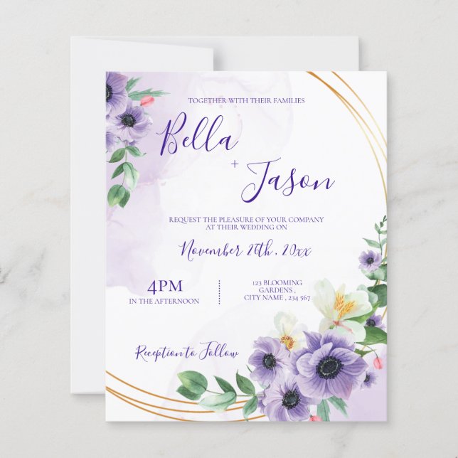 Purple White Floral Gold Frame Wedding Invitation (Front)