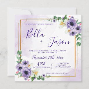 Purple White Floral Gold Frame Wedding Invitation