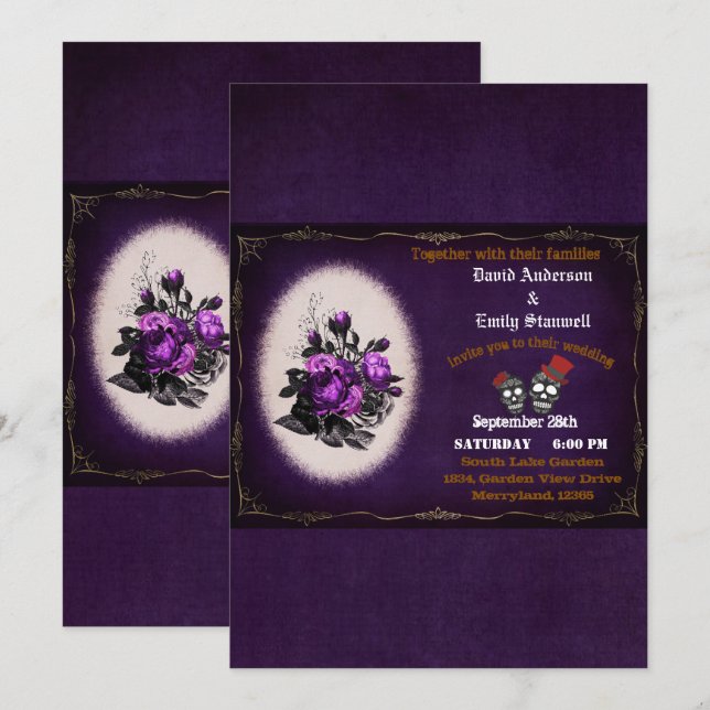 Purple White Floral Gothic Skull Halloween Wedding Invitation (Front/Back)