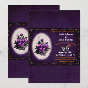 Purple White Floral Gothic Skull Halloween Wedding Invitation