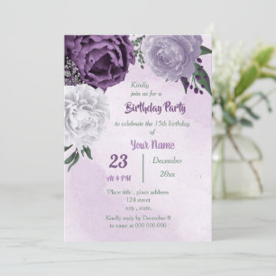 purple & white floral greenery birthday party invitation