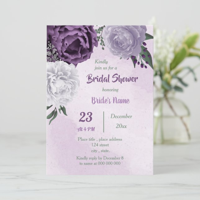 purple & white floral greenery bridal shower invitation (Standing Front)