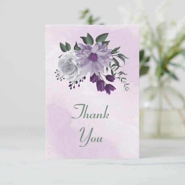 purple & white floral greenery thank you card (Standing Front)