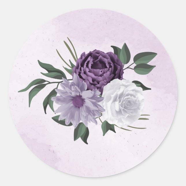 purple & white floral greenery wedding classic round sticker (Front)