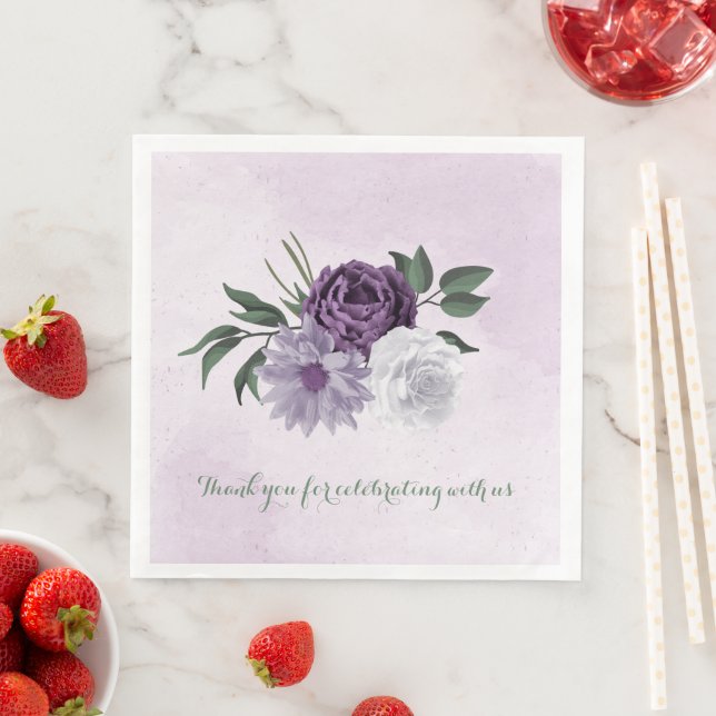 purple & white floral greenery wedding napkin (Insitu)