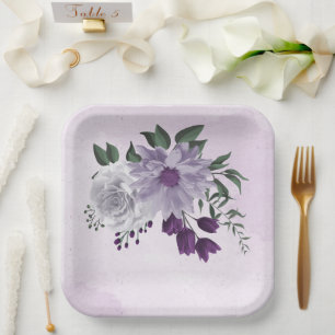 purple & white floral greenery wedding paper plate