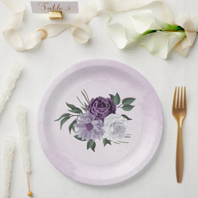 purple & white floral greenery wedding paper plate (Wedding)