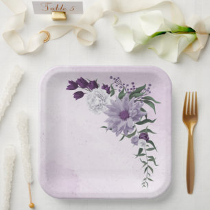 purple & white floral greenery wedding paper plate