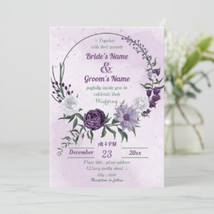 purple & white floral greenery wreath wedding invitation