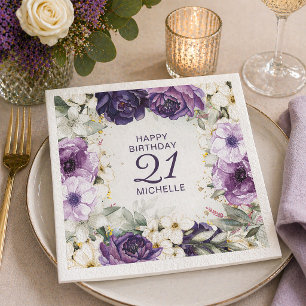 Purple White Floral Happy Birthday Name Age Napkin