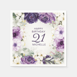 Purple White Floral Happy Birthday Name Age Napkin