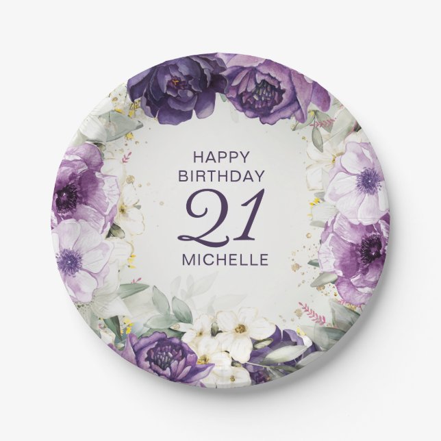 Purple White Floral Happy Birthday Name Age Paper Plate (Front)