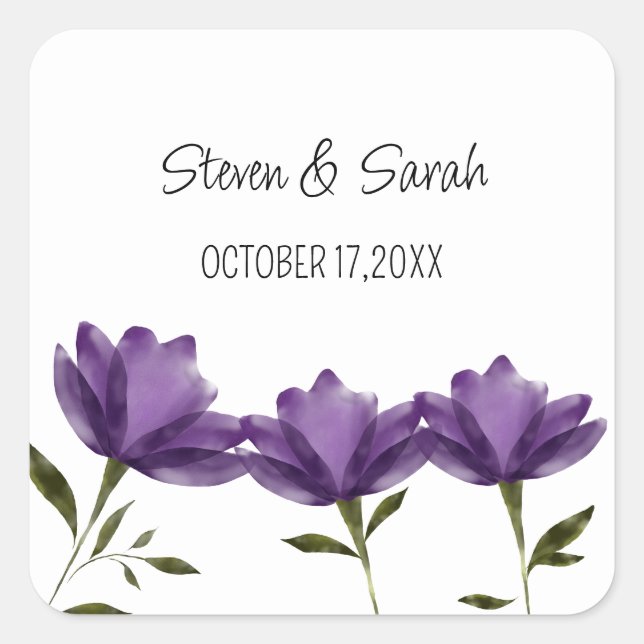 Purple white floral modern romantic elegant square sticker (Front)