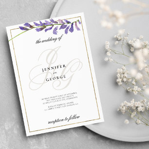 Purple white floral monogram initials wedding invitation