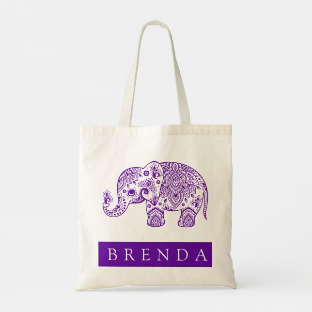 Purple & White Floral Paisley Elephant Tote Bag (Back)