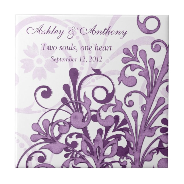 Purple White Floral Personalised Wedding Tile (Front)