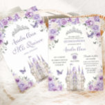 Purple White Floral Princess Castle Quinceañera XV Invitation<br><div class="desc">Personalise this lovely quinceañera invitation with your own wording easily and quickly. Click the Edit Using Design Tools button to further edit the text, wording, font style, font size, font colour, add more text, move or remove some images. The butterflies, castle and crown are moveable, resizable, multipliable and removable. Matching...</div>